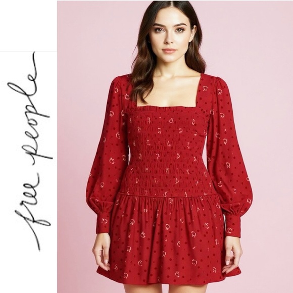 Free People Flirty Coquette Smocked Mini Dress Red Floral Puff Sleeve Size Small - Picture 1 of 14